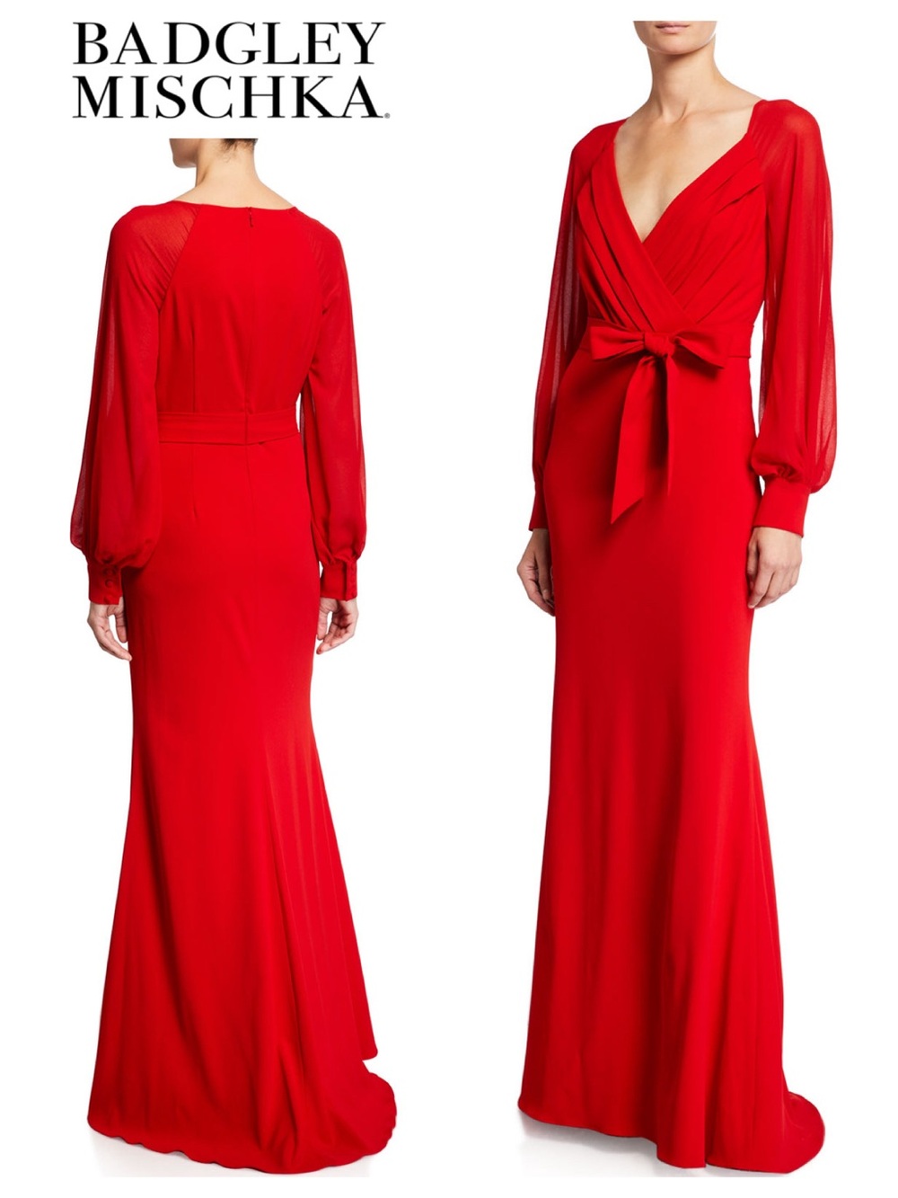 BADGLEY MISCHKA Long-Sleeve Mock-Wrap Crepe Gown